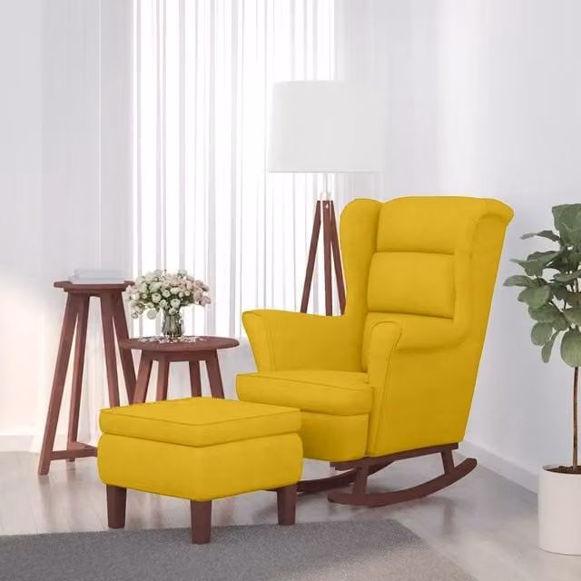 Sedia a dondolo moderna vidaXL con schienale alto in velluto giallo e pouf incluso con struttura in legno massiccio