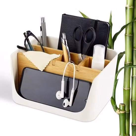 Organizzatore da scrivania multi-compartimento in bambù e plastica, colore bianco