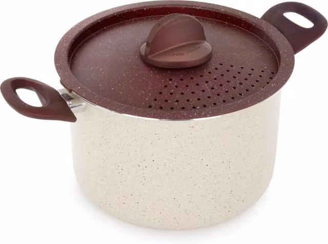 Pentola per pasta KASANOVA con coperchio scolapasta in alluminio e ceramica, colore rosso, diametro 22 cm