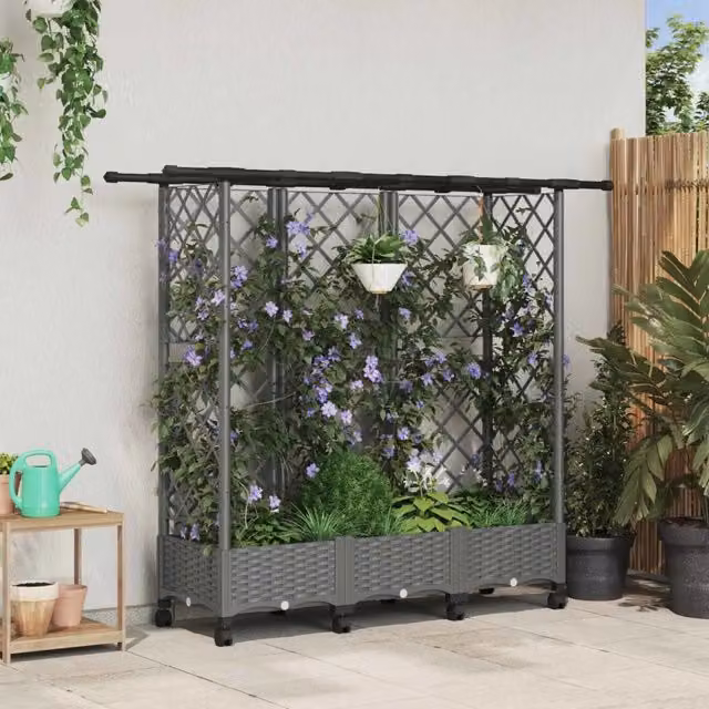 Letto rialzato con griglia e tetto vidaXL in plastica grigio chiaro per giardino, balcone o terrazzo, L: 164 cm, P: 127 cm, H: 40 cm