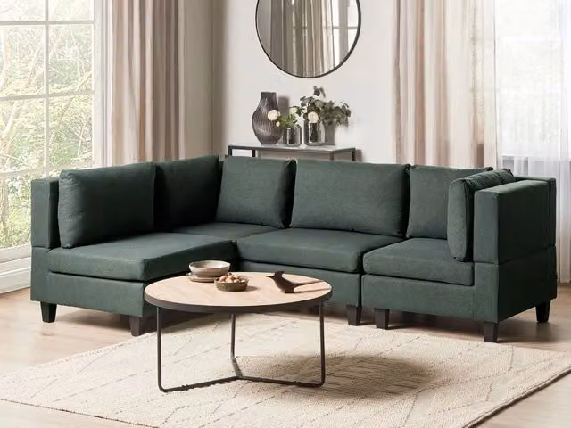 Divano componibile Beliani a 4 posti in tessuto verde scuro con ottomana e gambe nere, stile moderno, lato destro, L 228 x P 152 x H 77 cm
