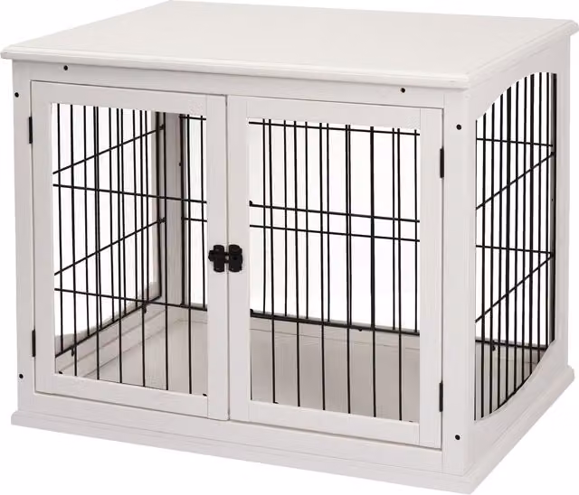 Casetta per cani da interno PawHut in legno e metallo con doppia porta, Bianco, L: 81 cm, P: 58,5 cm, H: 66 cm