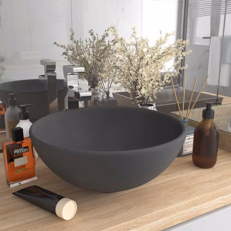 Lavandino da appoggio rotondo vidaXL in ceramica grigio, Diametro: 32,5 cm, Altezza: 14 cm