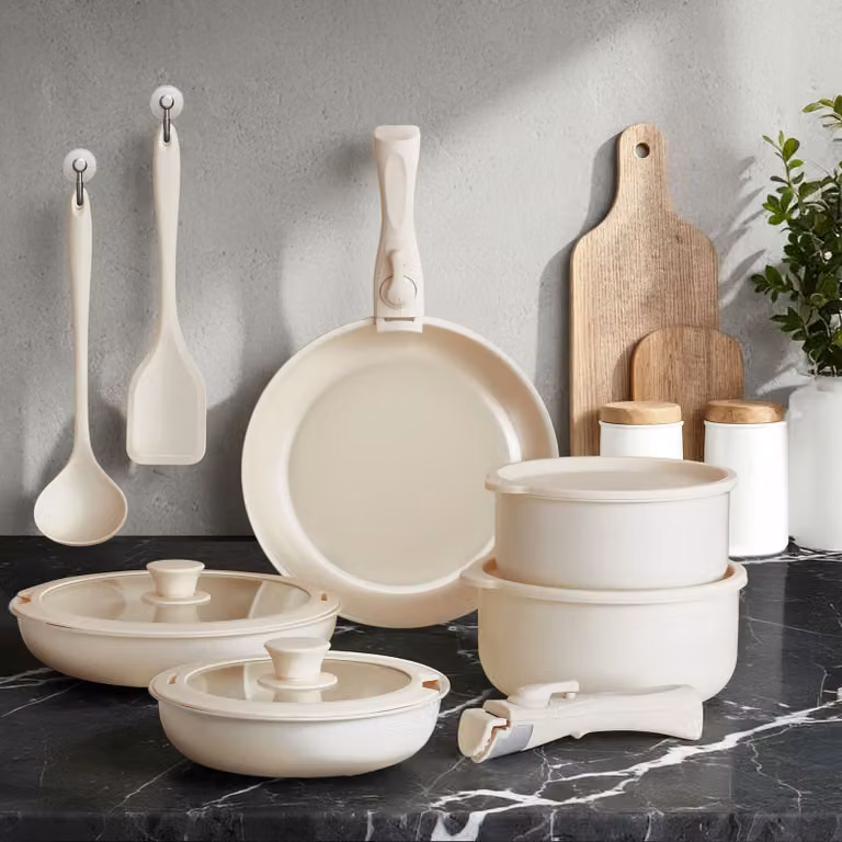 Set di pentole e padelle tectake 16 pezzi in ceramica bianca con coperchi in vetro, adatto per induzione