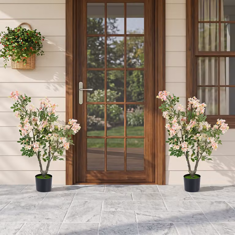 Set di 2 alberi artificiali con fiori di impatiens Costway in seta, colore verde e rosa, con vaso in cemento, Altezza: 90 cm