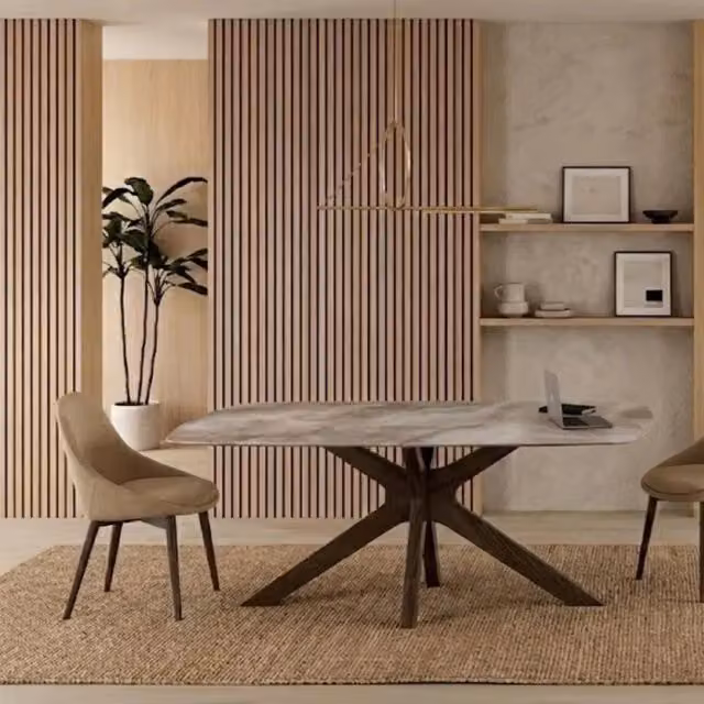 Tavolo da pranzo fisso Thiago Duzzle in ceramica effetto marmo alabastro e legno noce, L: 180 cm, P: 90 cm, H: 76 cm