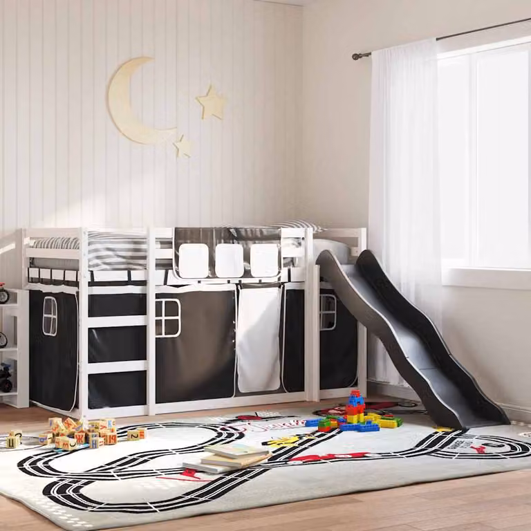 Letto a castello per bambini vidaXL in legno di pino con scivolo e tende, Bianco, Nero e Antracite, L/P/H: 205.5 x 90 x 113 cm
