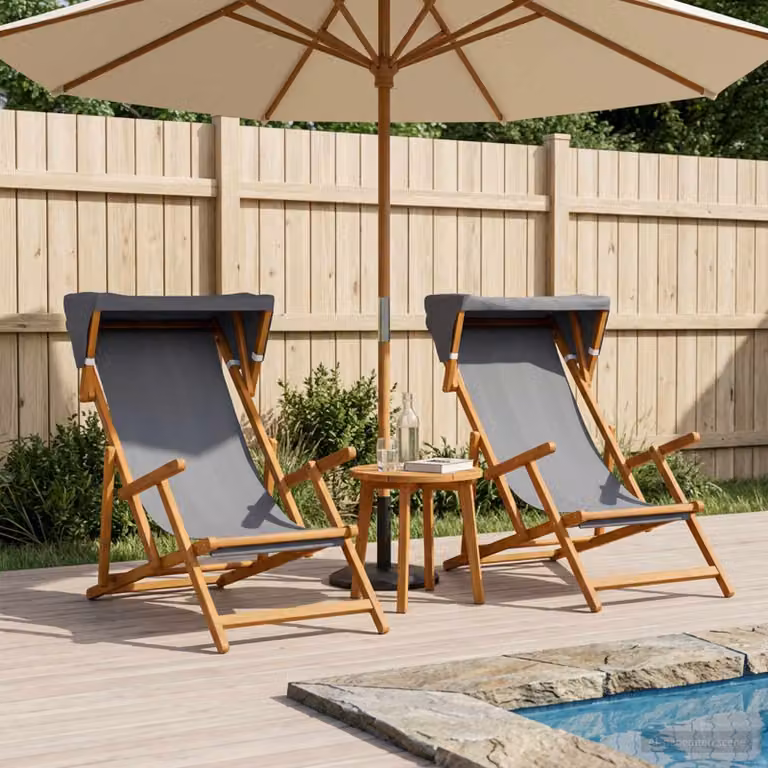 Set di 2 lettini prendisole vidaXL in legno di eucalipto massello oliato con poggiatesta regolabile e tessuto resistente ai raggi UV, colore grigio