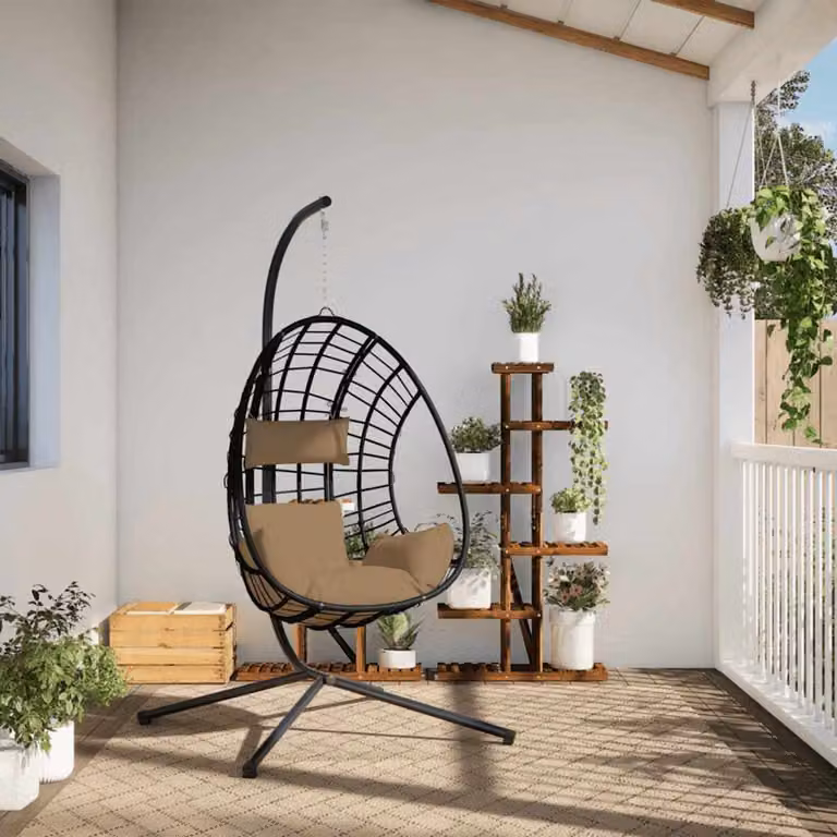 Sedia a uovo sospesa con supporto vidaXL in polyrattan e acciaio con cuscini inclusi, H 197 x L 104 x P 100 cm