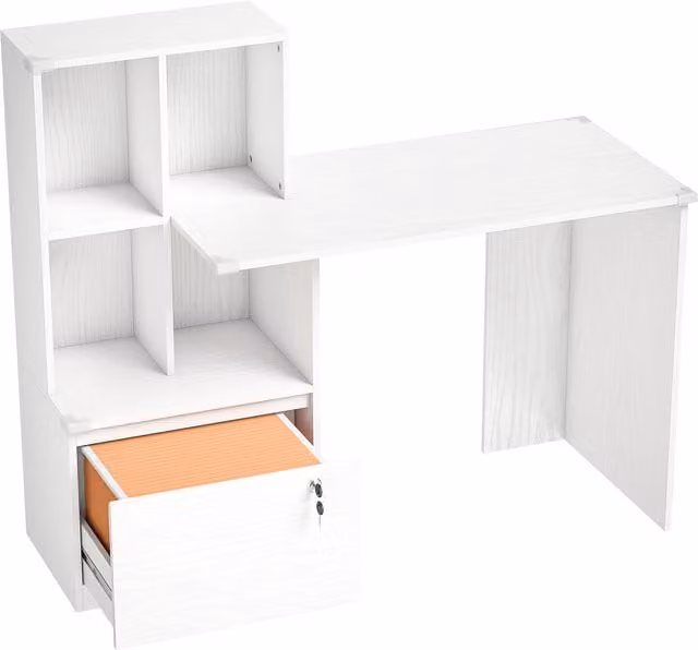 Scrivania per Computer HOMCOM con Libreria, 4 Scomparti e Cassetto con Serratura, Effetto Legno Bianco, L: 126 cm, P: 50 cm, H: 109 cm