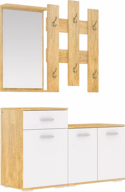 Set per ingresso 3 in 1 HOMCOM con appendiabiti a muro, specchio, scarpiera e panca in legno bianco opaco