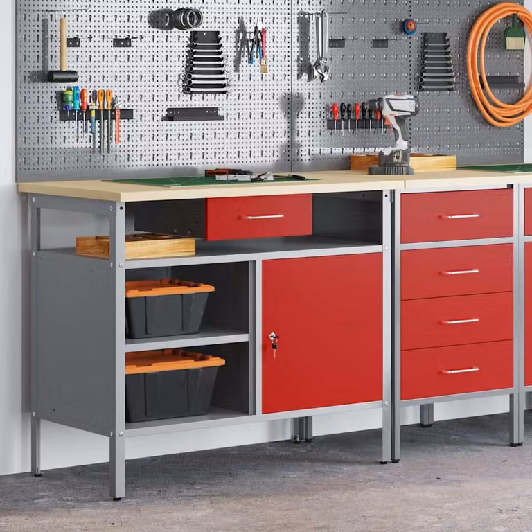 vidaXL Banco da lavoro con cassetto in acciaio e legno, Rosso e Grigio, L 100 x P 55 x H 85 cm
