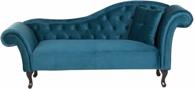 Chaise longue BELIANI in velluto turchese con braccio arrotolato a destra e cuscini inclusi L: 188 cm, P: 59 cm, H: 87 cm