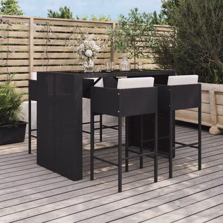 Set Bar da Giardino vidaXL in Polyrattan Nero con Cuscini e Piano in Vetro