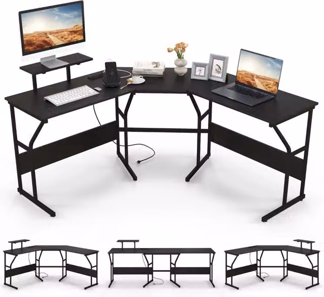 Scrivania ad angolo a forma di L Design Mania con supporto monitor mobile e presa elettrica, colore Nero