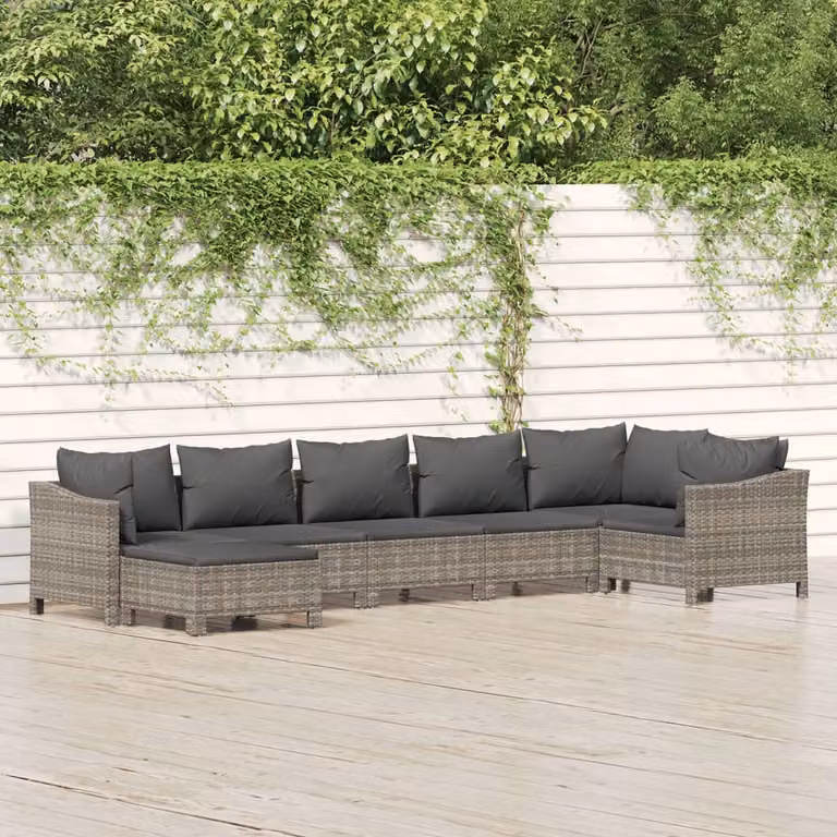 Set Divani da Giardino vidaXL 7 Pezzi a Forma di L in Polyrattan Grigio con Cuscini e Ottoman