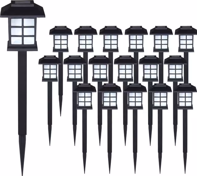 Set di 18 lanterne solari LED Monzana nero con luce bianca calda e sensore crepuscolare per giardino, terrazzo e balcone