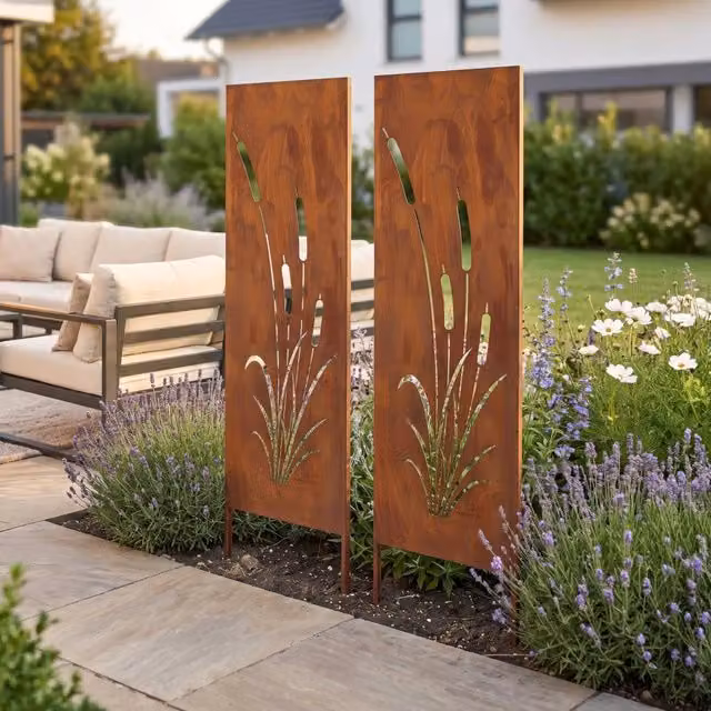 Set di 2 Pannelli Divisori Frangivista Irsina con Motivo Canne in Acciaio Corten, Colore Marrone, L: 50 cm, H: 160 cm