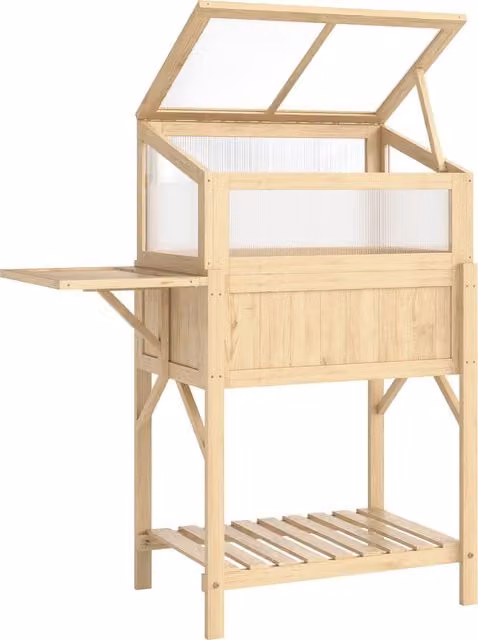 Letto rialzato con serra richiudibile e ripiano laterale Outsunny in legno naturale
