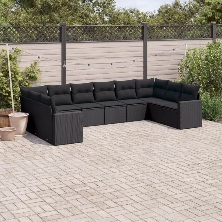 Set di divani da giardino vidaXL in polyrattan nero con cuscini, design moderno a forma di L per esterno