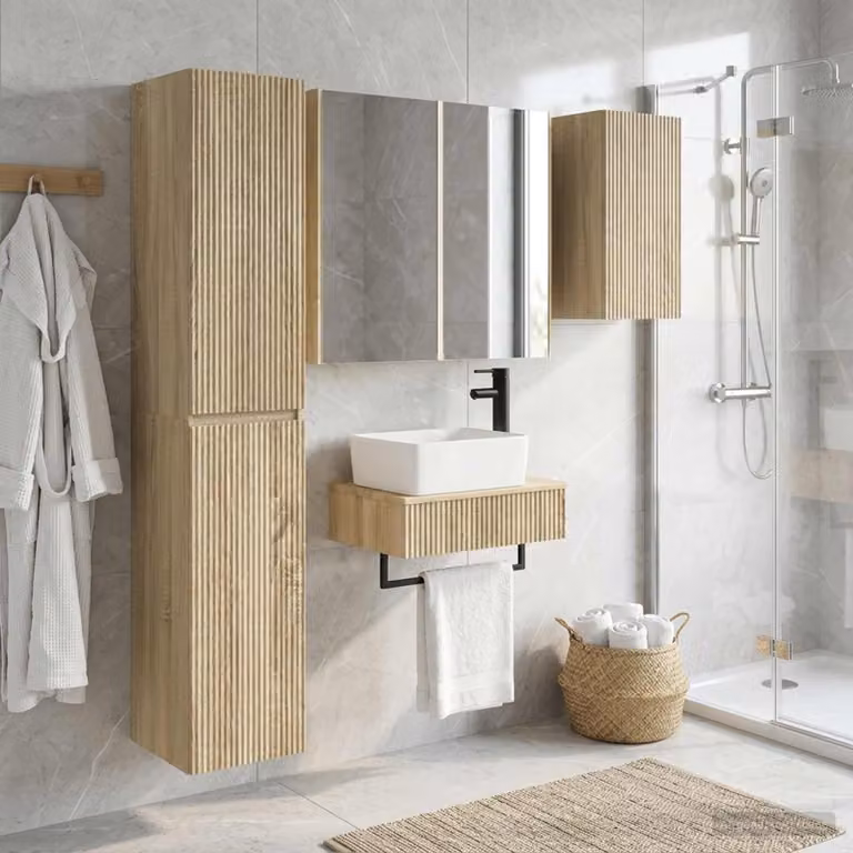 Set di mobili per il bagno moderno vidaXL in 5 pezzi, colore marrone e beige, con armadietto a muro, mobile lavabo e specchio con illuminazione LED