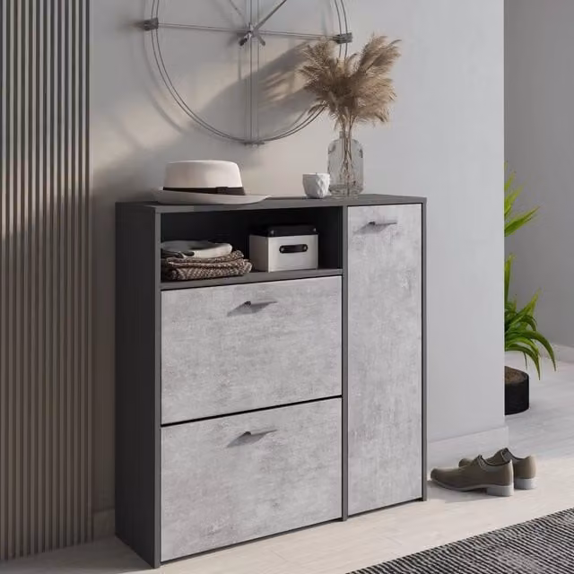 Scarpiera DMORA moderna con 3 ante e ripiani interni, armadietto porta scarpe per ingresso, Antracite e Grigio, L: 91 cm, P: 26,6 cm, H: 94 cm