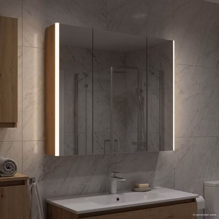 Mobiletto da bagno moderno vidaXL con illuminazione LED e ante in vetro, marrone, L: 83,5 cm, H: 70,0 cm, P: 18,3 cm