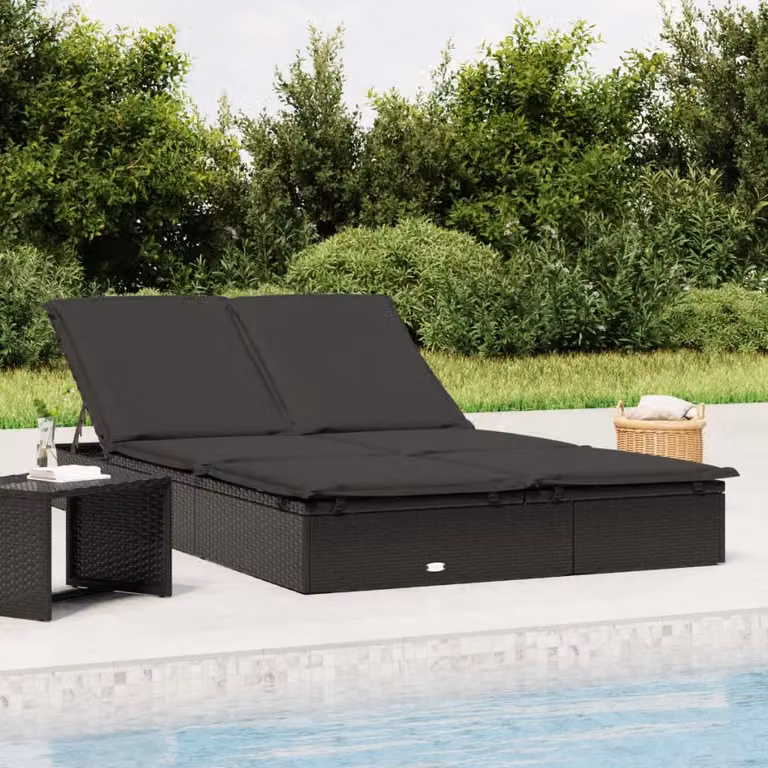 vidaXL Lettino Prendisole per 2 Persone in Polyrattan Nero con Cuscini e Poggiatesta Regolabile