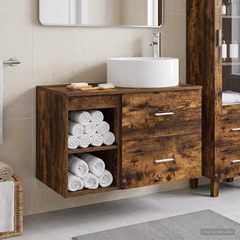 Set di mobili per il bagno moderno vidaXL composto da mobile lavabo e pensile in legno color rovere fumo, L/P/H: 80,0 x 44,5 x 49,5 cm e 44,5 x 34,5 x 49,5 cm
