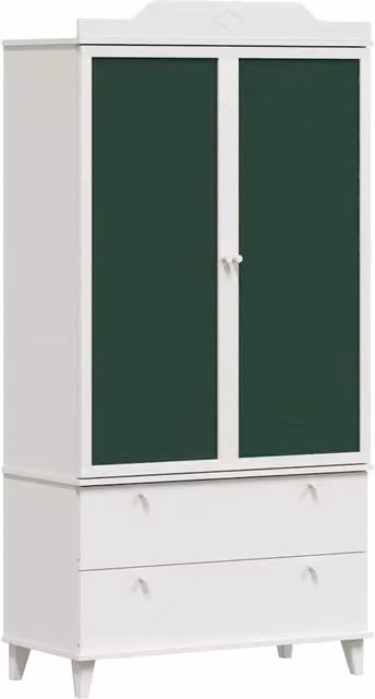 Armadio moderno per cameretta bambini con lavagna e cassetti integrati, bianco e verde, L: 90 cm, P: 45 cm, H: 180 cm