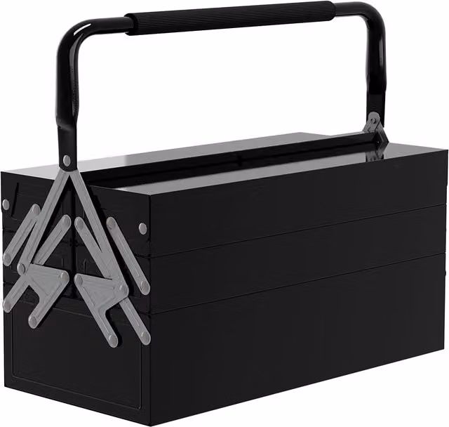 Cassetta degli attrezzi pieghevole in metallo DURHAND con 5 vassoi e manico, colore nero, L 45 cm x P 20 cm x H 34,5 cm