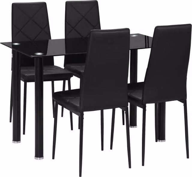 Set Tavolo da Pranzo Moderno HOMCOM con Piano in Vetro Temperato Nero e 4 Sedie Imbottite per Cucina e Soggiorno