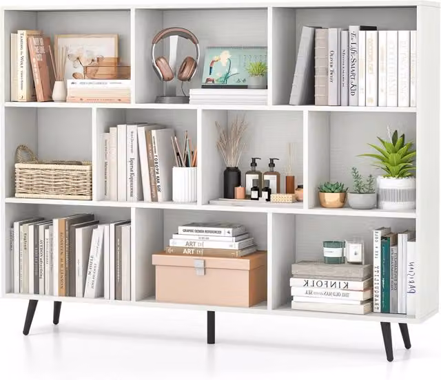 Libreria Costway a 10 Cubi con Gambe in Metallo, Scaffale Moderno Mid-Century Bianco L: 140 cm, P: 24 cm, H: 107 cm