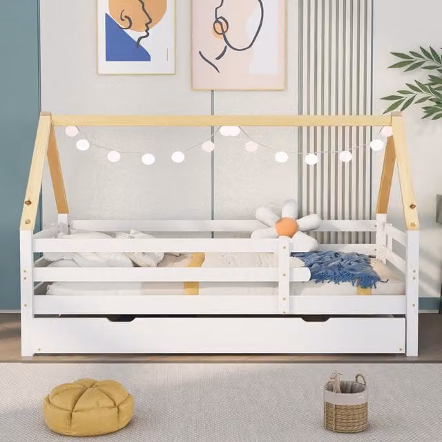 Letto a Casetta Aosom in Legno con Letto Estraibile e Cassettone, Bianco, 90x200 cm