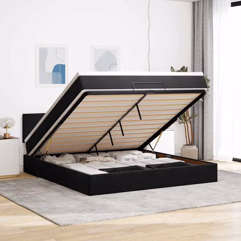 Letto con contenitore a sollevamento vidaXL in velluto nero con materasso e porta USB L: 180 cm, P: 200 cm, H: 280 cm