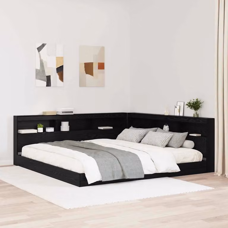 Testata letto con contenitore vidaXL in legno ingegnerizzato e metallo, colore nero, con ripiano integrato e porta di ricarica USB, L/P/H: 217.5 x 76.5 x 19.9 cm