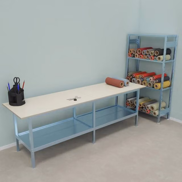 Banco da lavoro in metallo zincato con piano nobilitato grigio Castellani Shop L: 280 cm, P: 80 cm, H: 93 cm