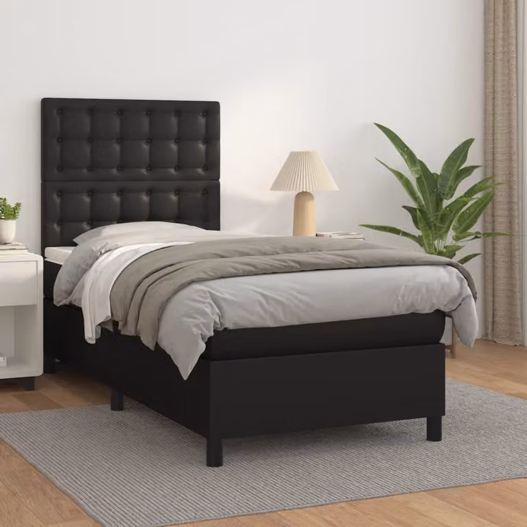 vidaXL Letto con Giroletto a Molle e Materasso Ibrido in Similpelle Nero e Bianco L/P/H: 203 x 90 x 128 cm