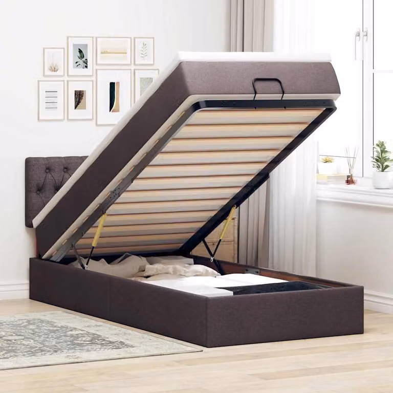 Pouf Letto con Materasso vidaXL in Tessuto Marrone e Bianco con Base a Sollevamento, Illuminazione Sotto il Letto e Porta USB, L/P/H: 203 x 140 x 88 cm