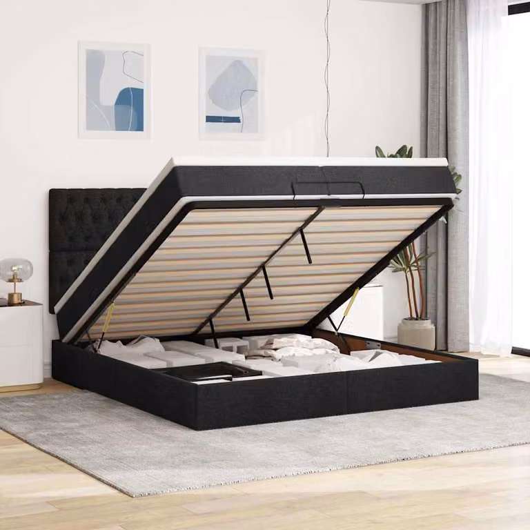 Letto con contenitore a sollevamento vidaXL in tessuto nero con materasso L: 200 cm, P: 200 cm, H: 28 cm