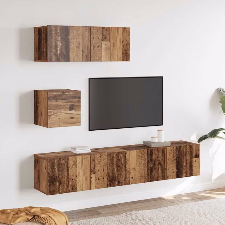 Set Mobile TV vidaXL 4 Pezzi da Parete in Legno Antico Marrone con Compartimenti Media per Soggiorno L/P/H: 80 x 30 x 30 cm