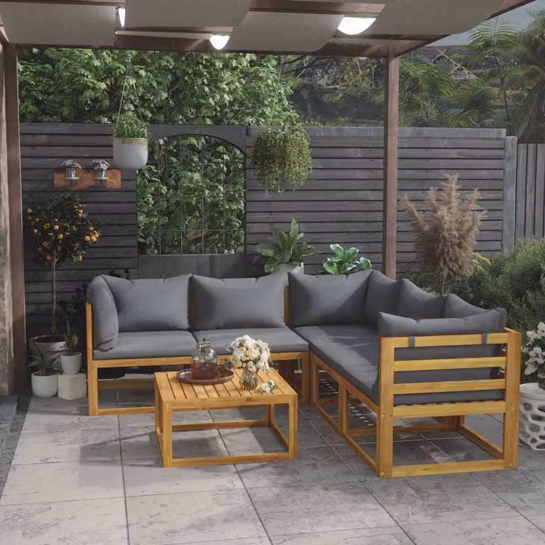 Set di divani da giardino vidaXL a forma di L in legno di acacia con cuscini grigi e tavolino da esterno, 6 pezzi