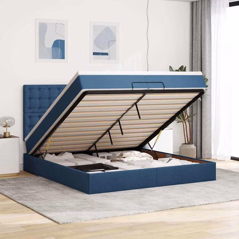 Letto con contenitore a sollevamento vidaXL in tessuto blu e bianco, L 200 x P 200 x H 128 cm