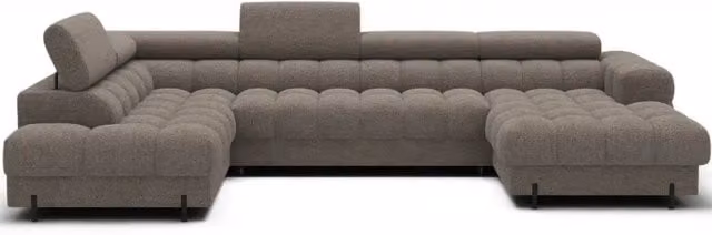 Divano panoramico convertibile FERARIA MEUBLORAMA beige scuro con angolo sinistro, forma a U, con funzione letto e poggiatesta regolabile, L: 358 cm, P: 93 cm, H: 202 cm