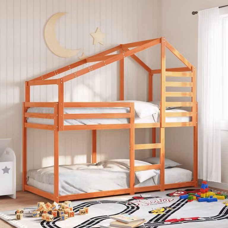 Letto a Castello con Tetto a Forma di Casa vidaXL in Legno Massello di Pino, Marrone Cera, 90 x 190 cm