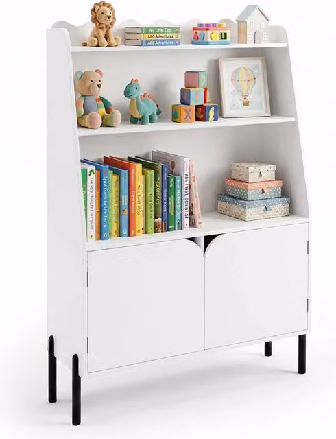 Libreria Montessori per bambini in legno con 3 ripiani aperti e 2 vani con ante, contenitore per libri e giocattoli per cameretta o asilo, colore bianco, L: 121 cm, H: 80 cm, P: 30 cm