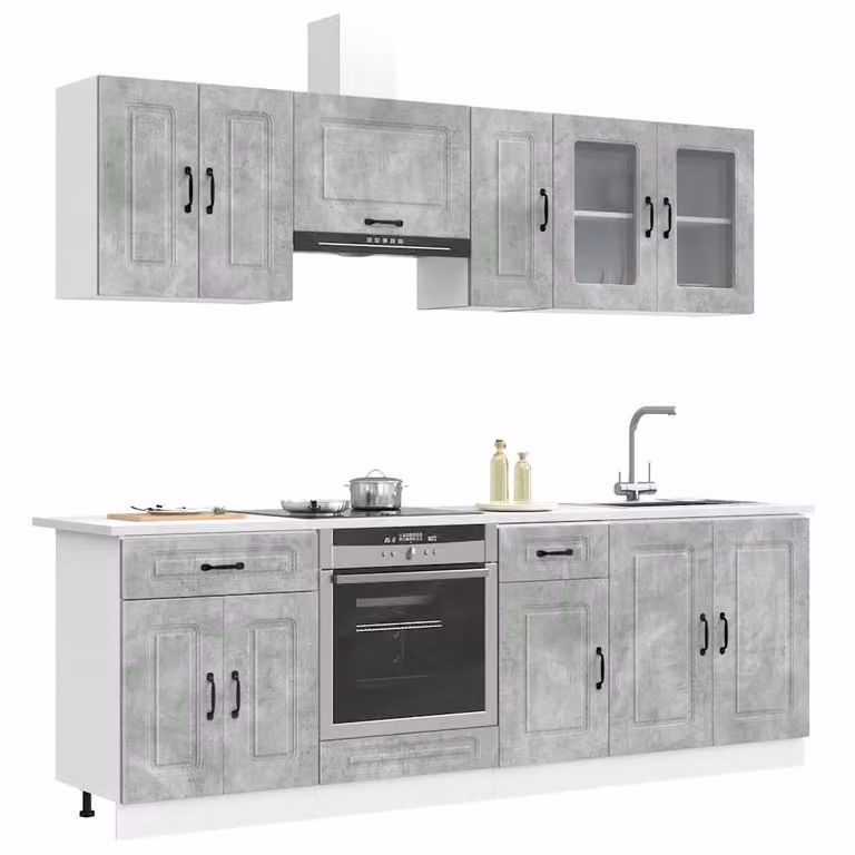 Set di mobili da cucina moderno vidaXL Kalmar composto da 8 pezzi in colore grigio cemento con ante in vetro e ripiani interni