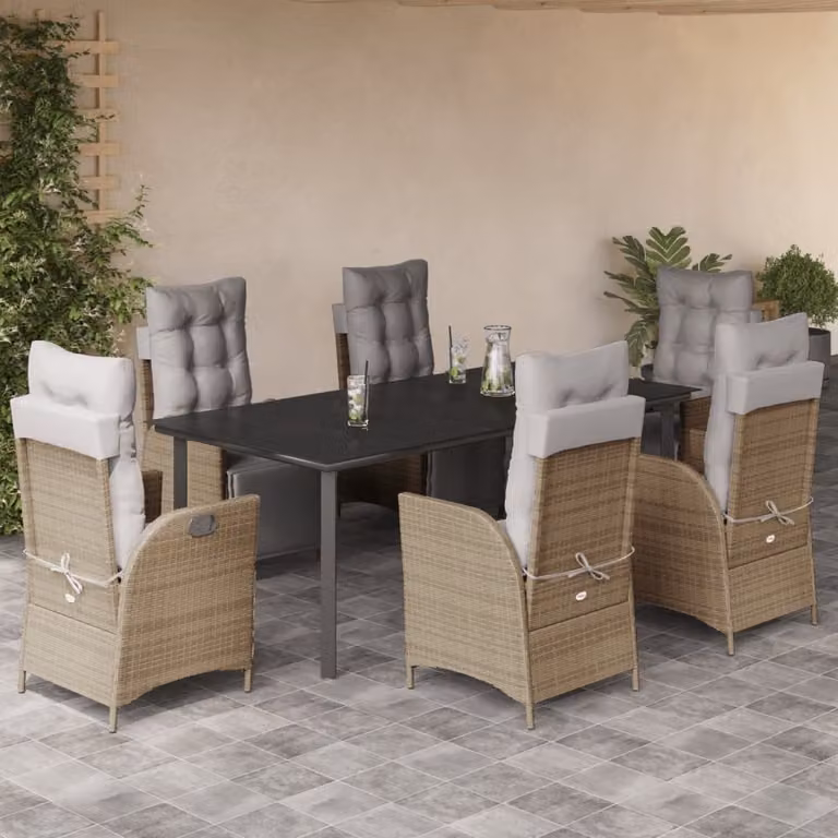 Set Pranzo da Giardino vidaXL in Polyrattan con Cuscini e Tavolo in Vetro, 7 Pezzi, Colore Misto Beige, Nero e Grigio