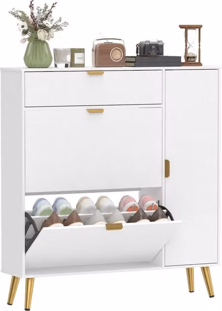 Scarpiera Minimal con cassetti e ripiani bianca e oro L/P/H: 99.4 x 23.8 x 106.6 cm