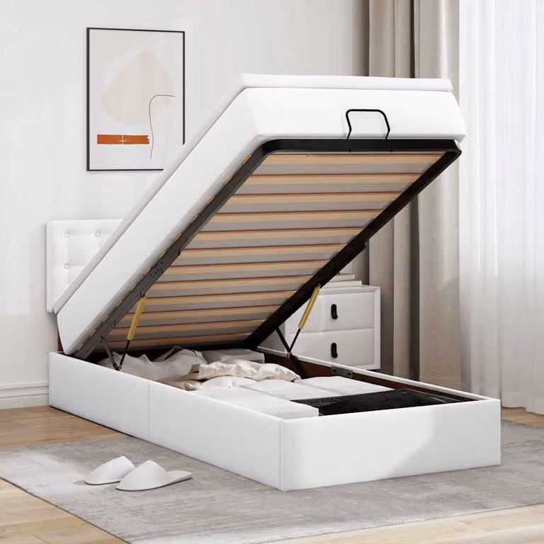 Struttura Letto Pouf con Materasso vidaXL in Similpelle Bianca con Base a Sollevamento, Illuminazione Sotto il Letto e Porte USB, L/P/H: 100 x 200 x 88 cm